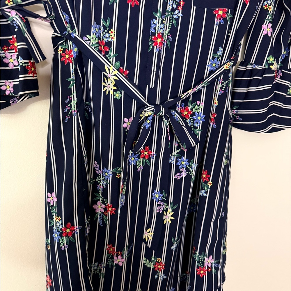 Skies Are Blue Floral Striped Belted Dress, size M, Cuff Ties, Button Up Mini - Picture 5 of 10
